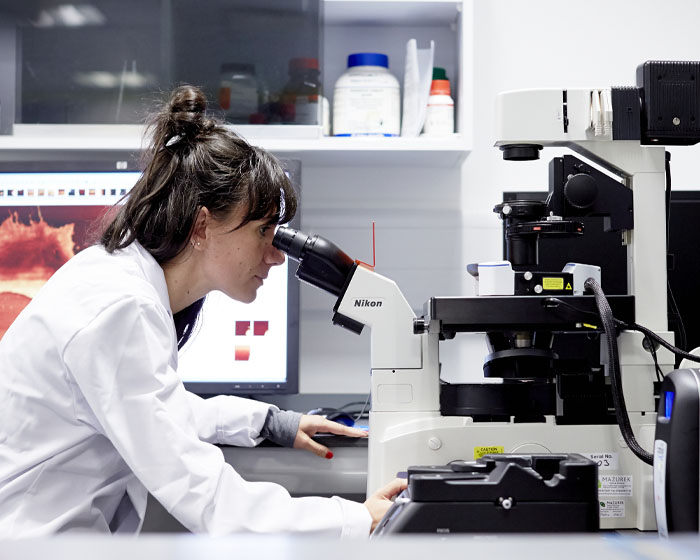 A member of staff looking through a microscope in a science lab
