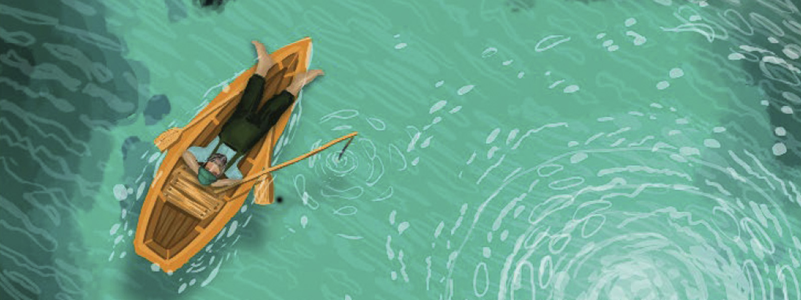 An illustration of a man in a boat on water
