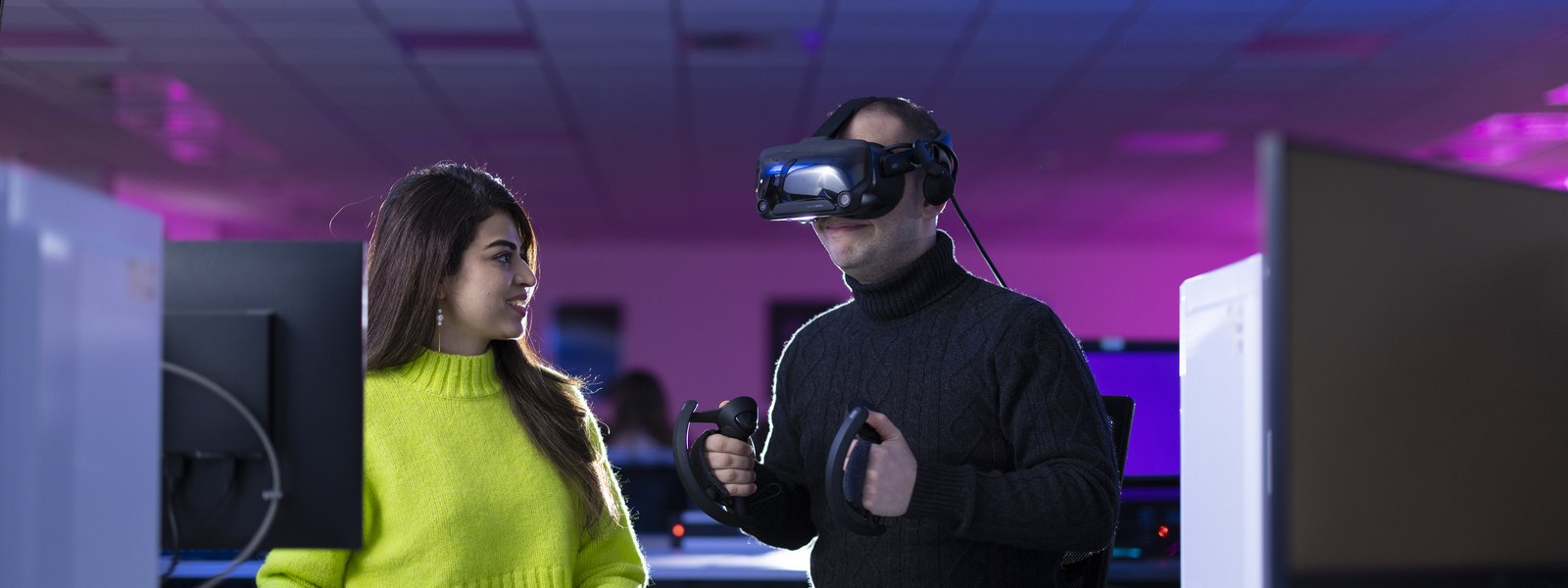 Students using virtual reality equipment