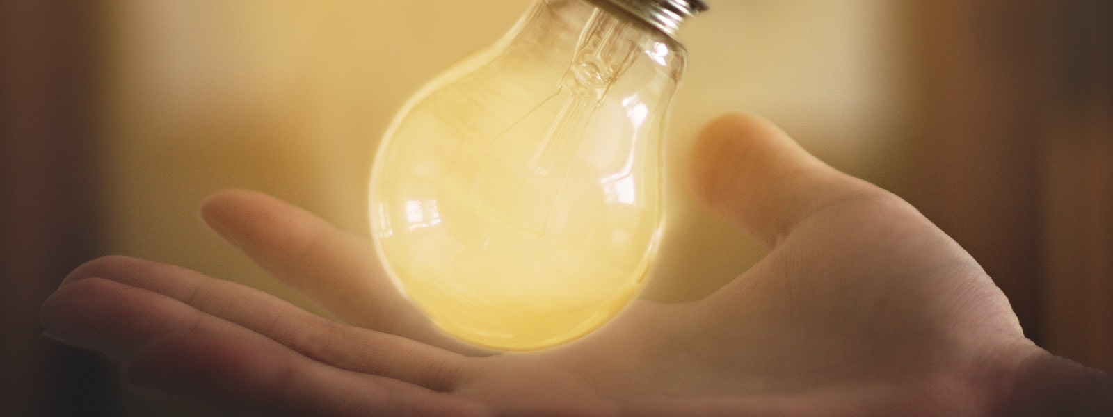 A hand and a bulb - the bulb is lit yet the hand is not burned.