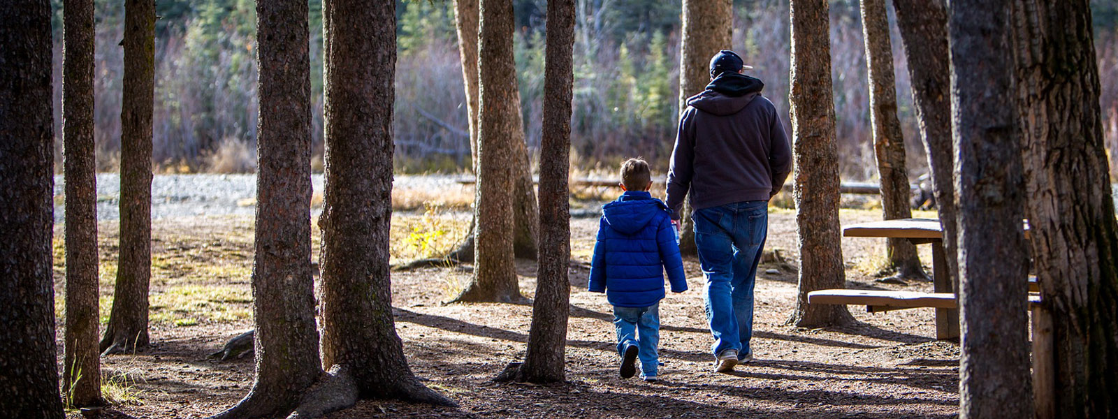 A father and son walking through the woods