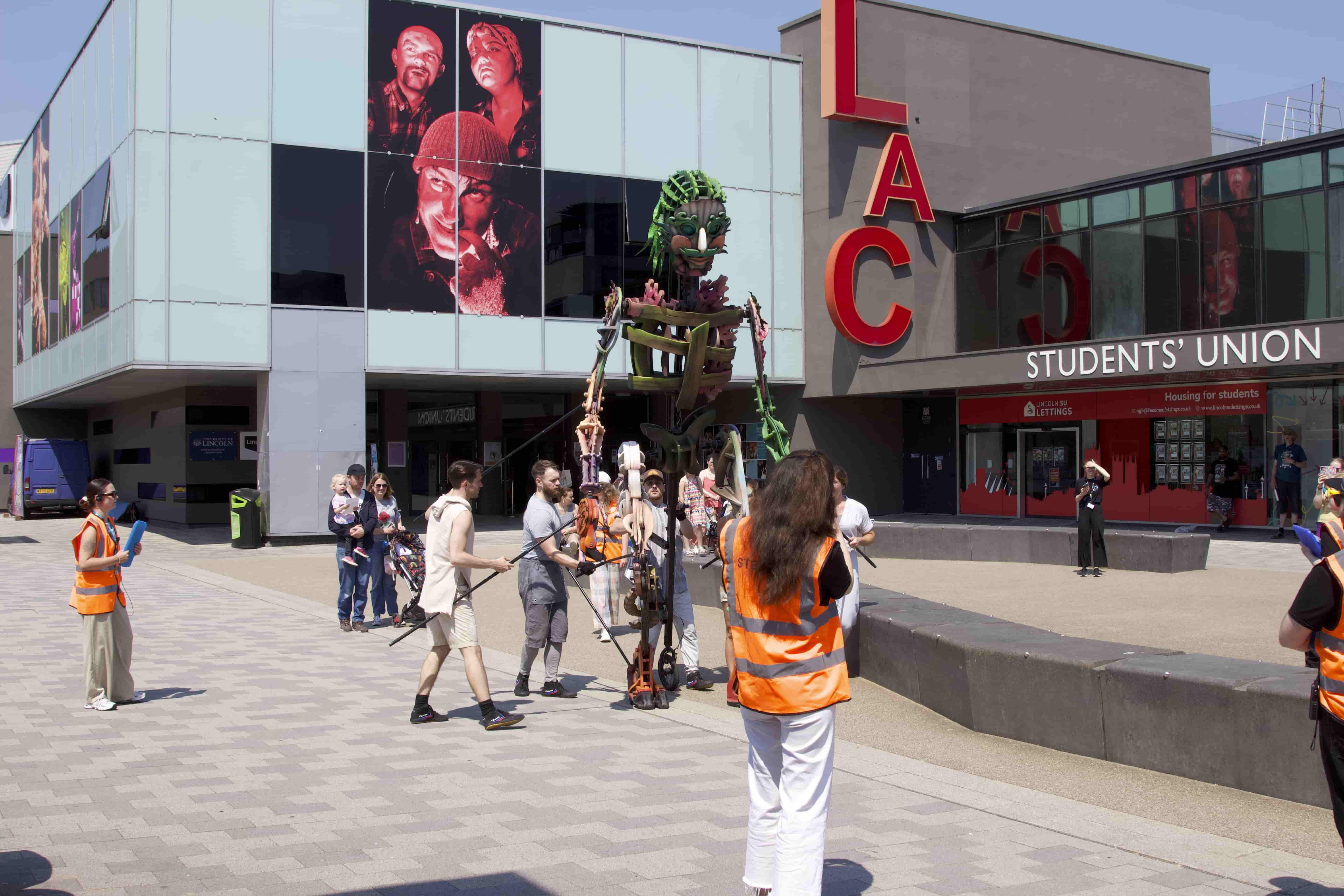 Large puppet outside the arts centre, photo taken by Tom Morris